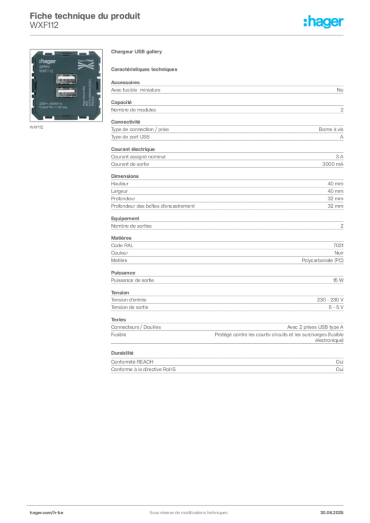 Image Hager Fiche technique du produit WXF112 | Hager Belgique
