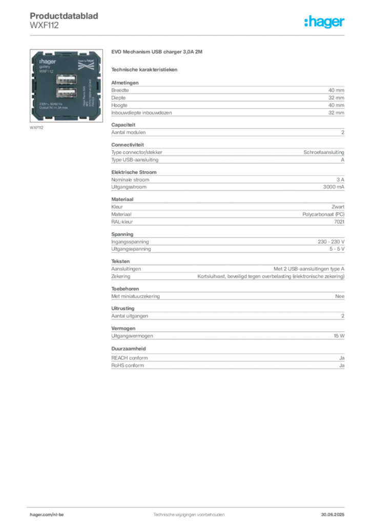 Afbeelding Hager Productdatablad WXF112 | Hager Belgium