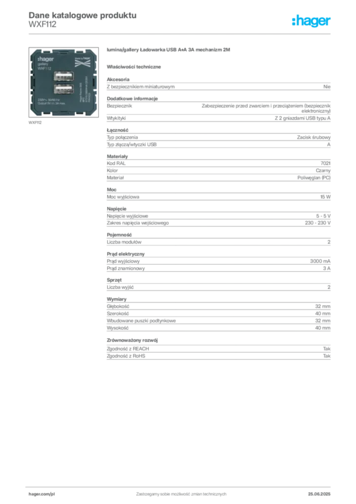 Zdjęcie Hager Karta katalogowa WXF112 | Hager Polska