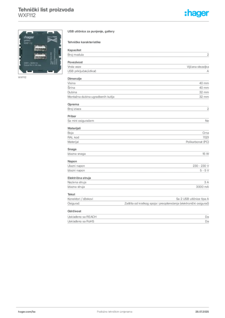 Slika Hager Product data sheet WXF112  | Hager