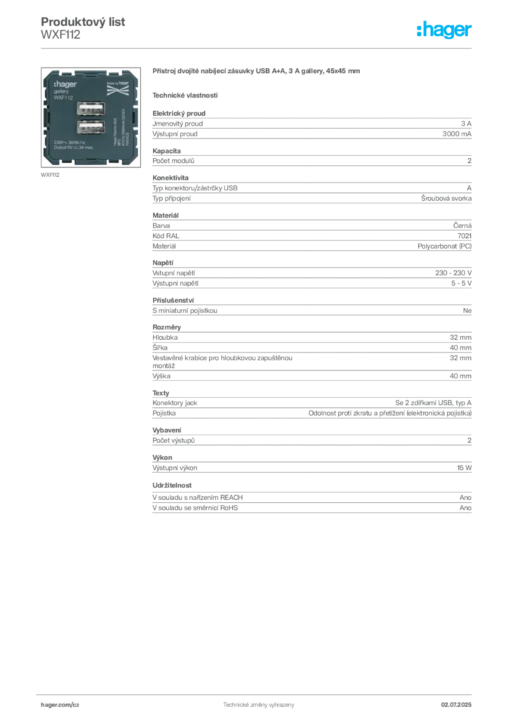 Obrázek Hager Produktový list WXF112 | Hager