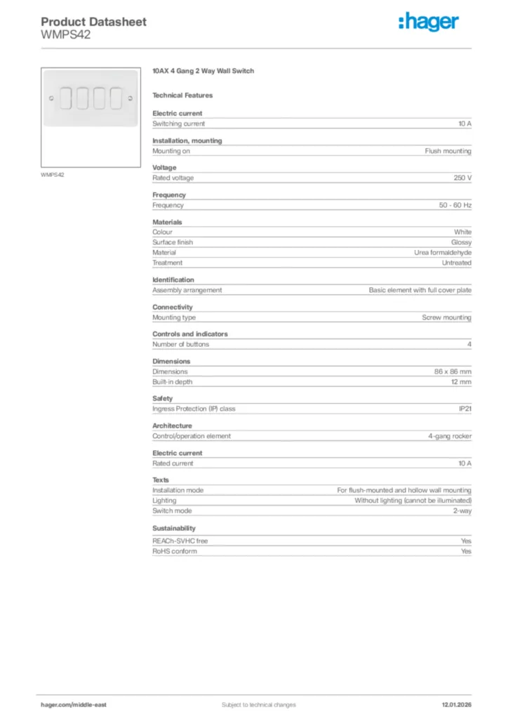 Image Hager Product data sheet WMPS42  | Hager