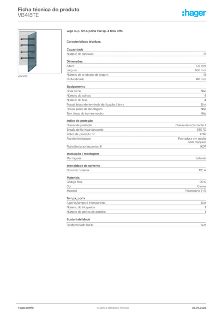 Imagem Hager Ficha técnica do produto VB418TE | Hager Portugal