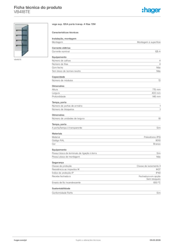 Imagem Hager Ficha técnica do produto VB418TE | Hager Portugal