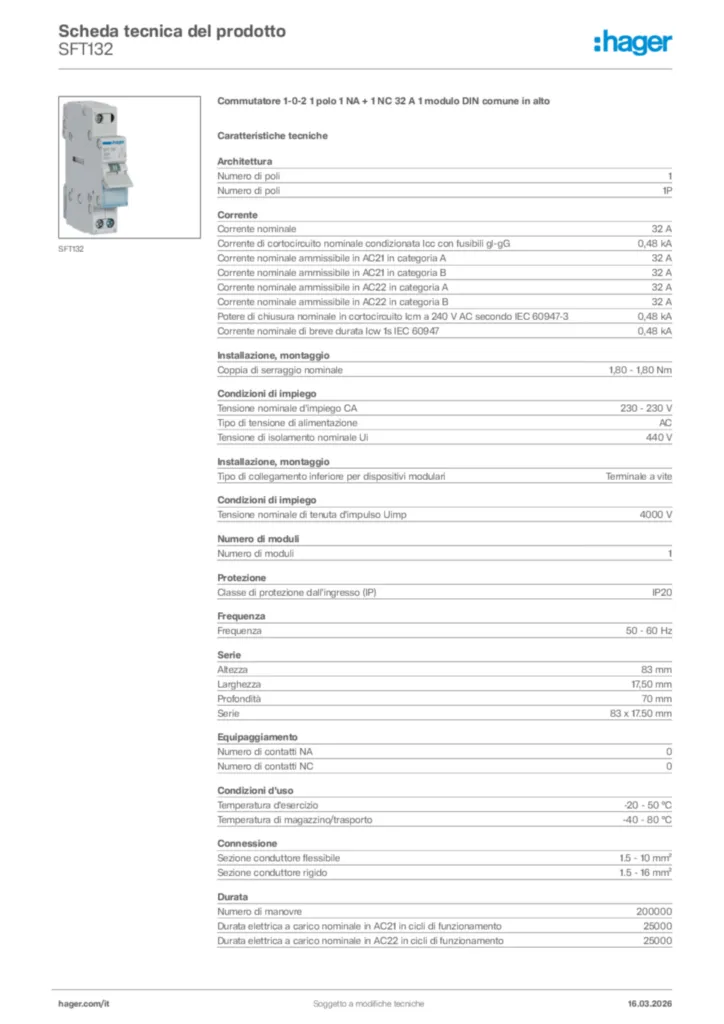 Immagine Hager Scheda tecnica del prodotto SFT132 | Hager Italia