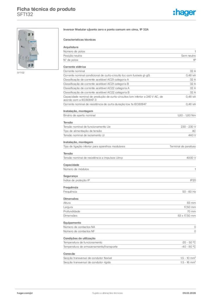 Imagem Hager Ficha técnica do produto SFT132 | Hager Portugal