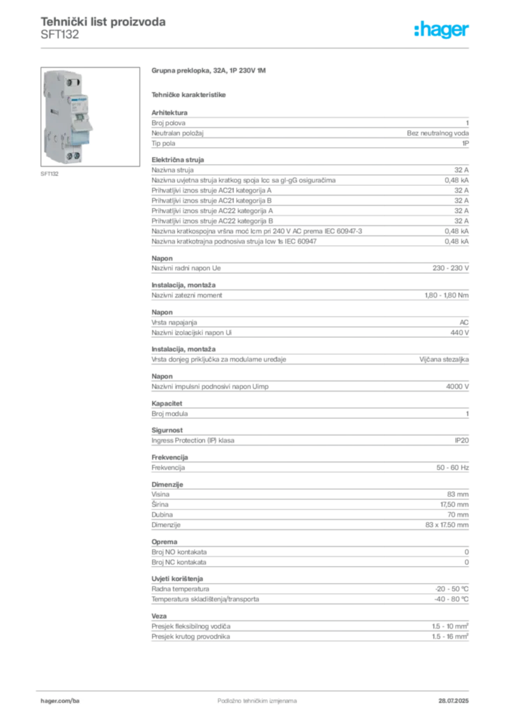 Slika Hager Product data sheet SFT132  | Hager