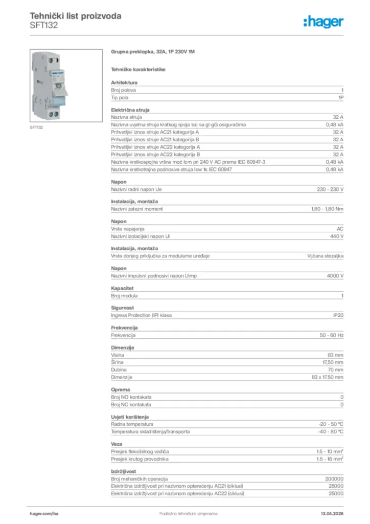 Slika Hager Tehnički list proizvoda SFT132  | Hager