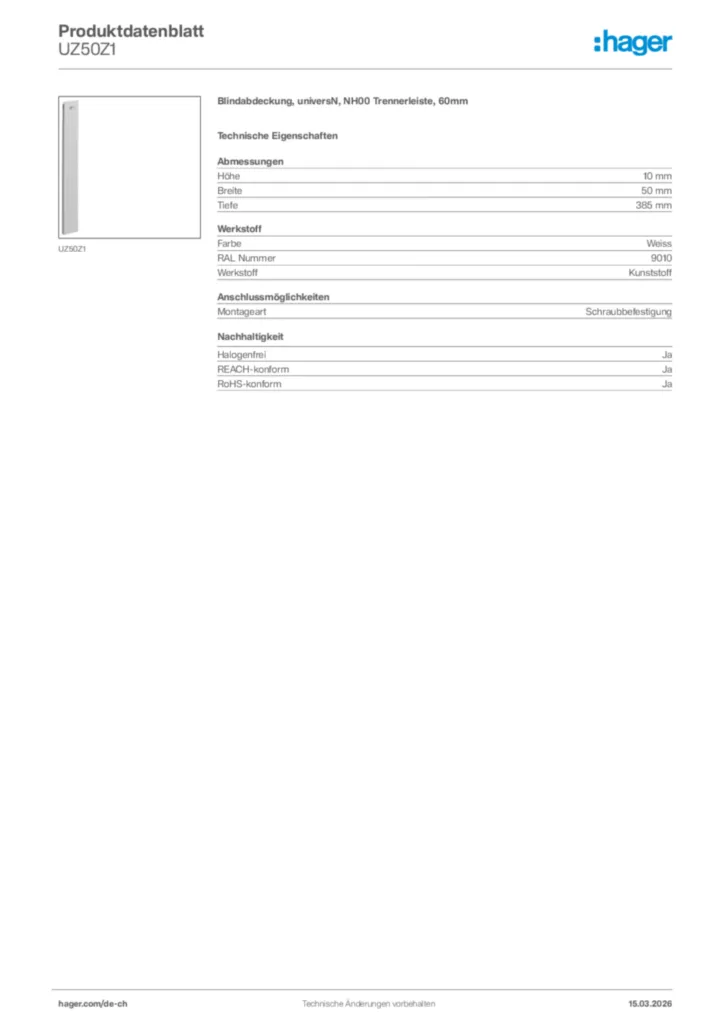 Bild Hager Produktdatenblatt UZ50Z1 | Hager Schweiz