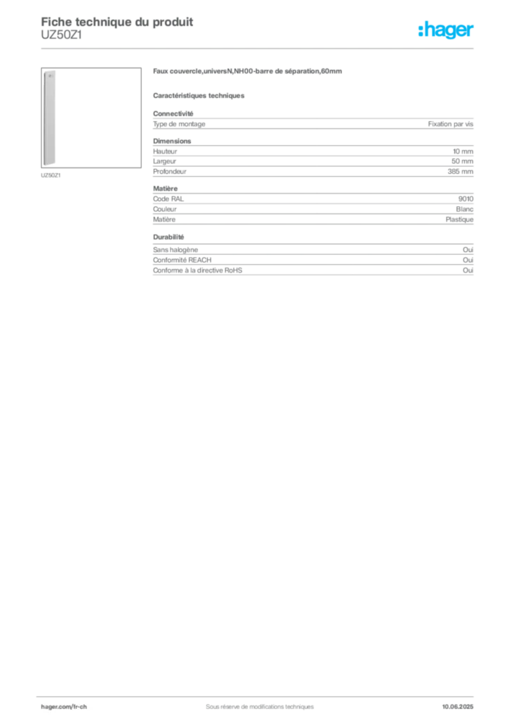 Image Hager Fiche technique du produit UZ50Z1 | Hager Suisse