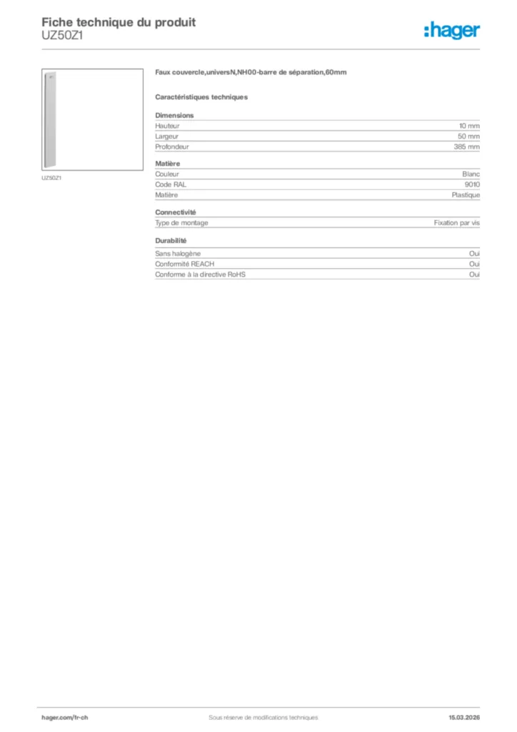 Image Hager Fiche technique du produit UZ50Z1 | Hager Suisse