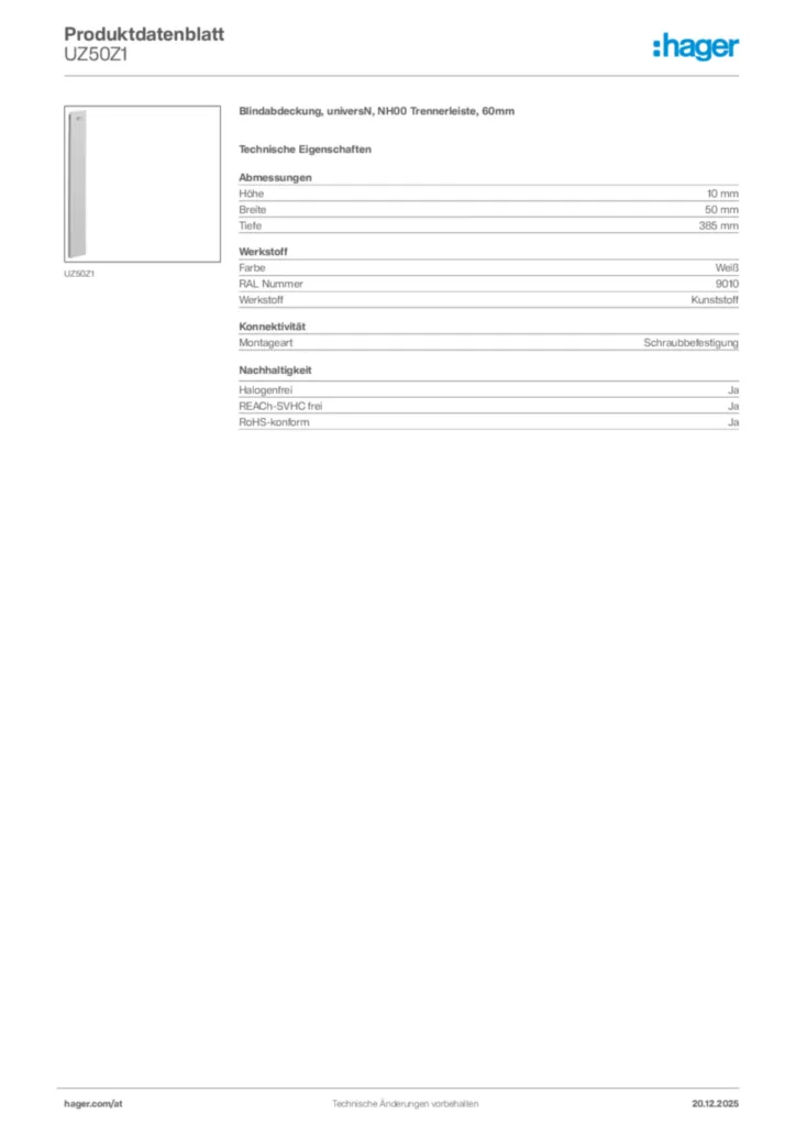 Bild Hager Produktdatenblatt UZ50Z1 | Hager Deutschland
