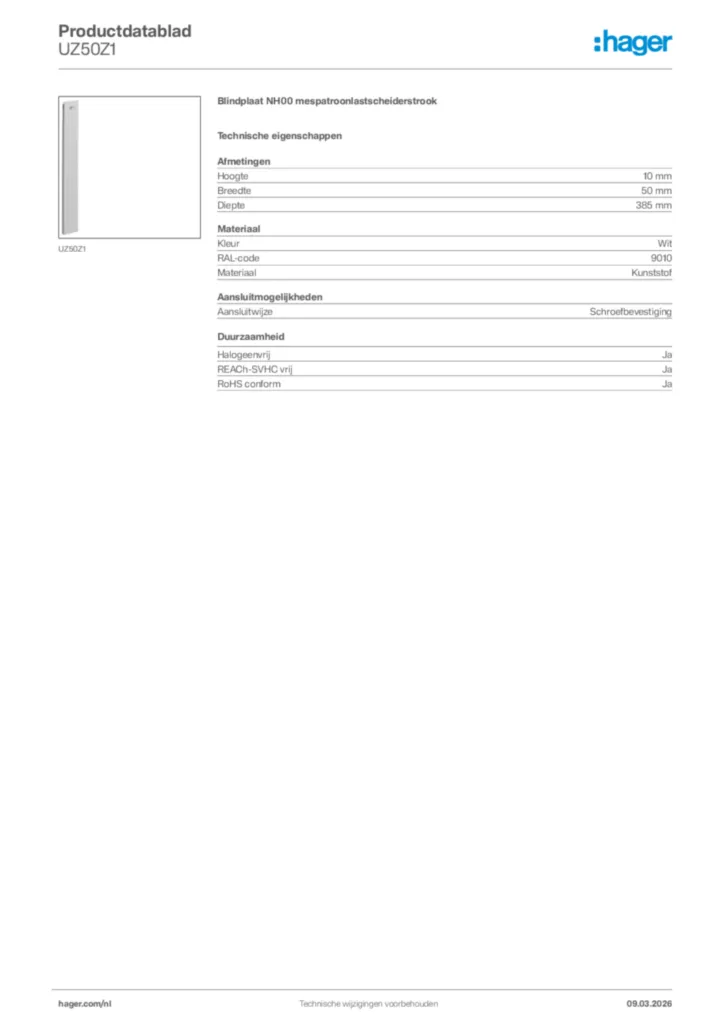 Afbeelding Hager Productdatablad UZ50Z1 | Hager Nederland