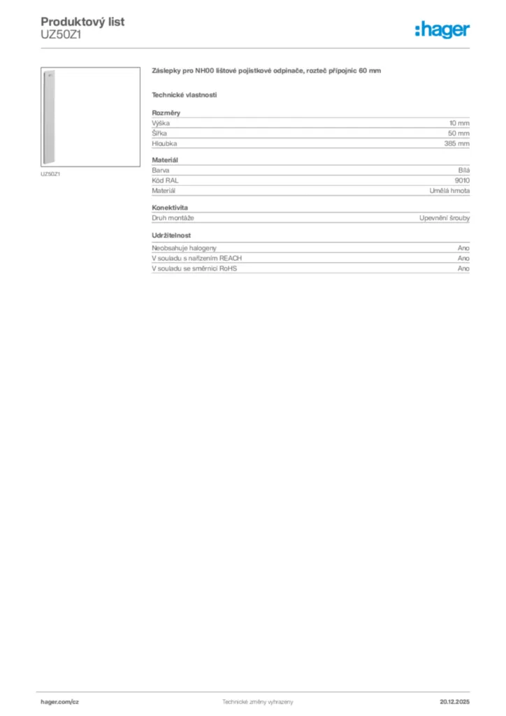 Obrázek Hager Produktový list UZ50Z1 | Hager