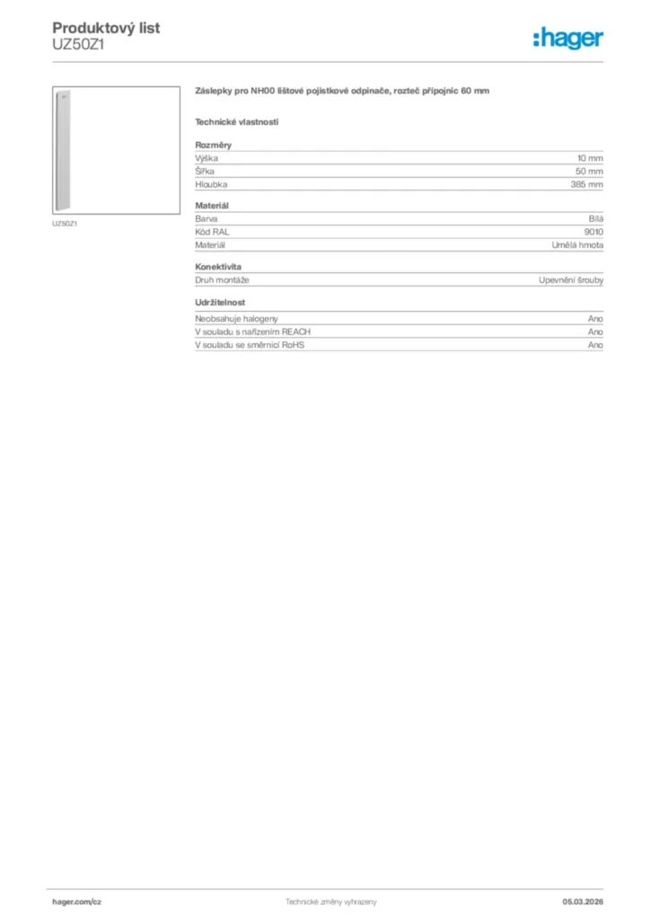 Obrázek Hager Product data sheet UZ50Z1 | Hager