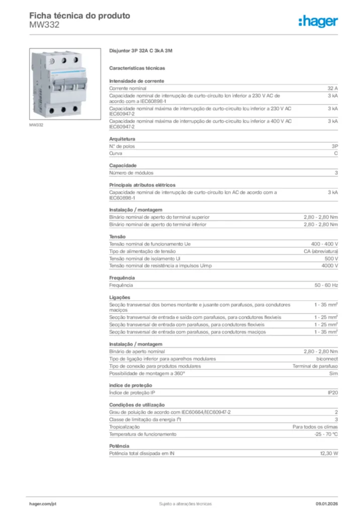 Imagem Hager Ficha técnica do produto MW332 | Hager Portugal