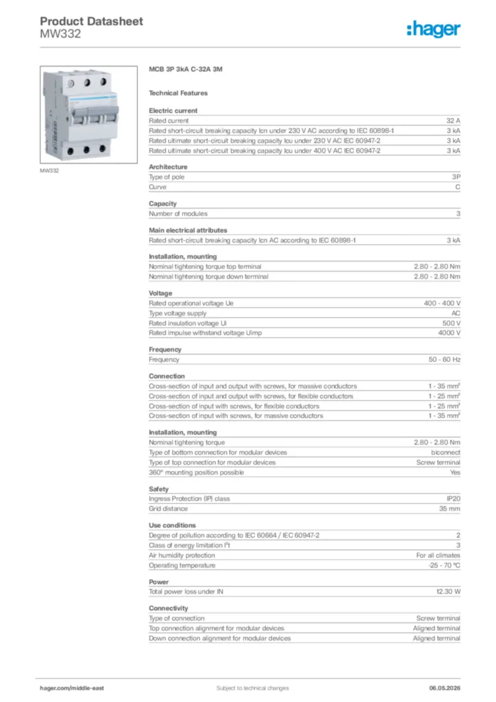Image Hager Product data sheet MW332  | Hager
