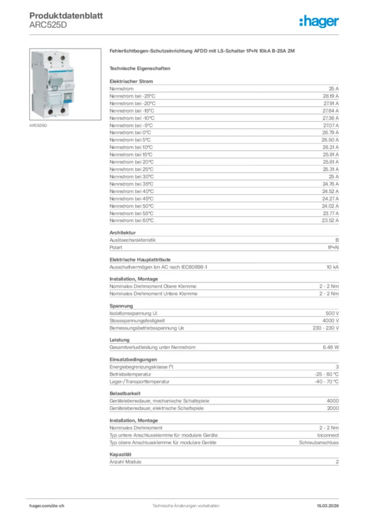 Bild Hager Produktdatenblatt ARC525D | Hager Schweiz