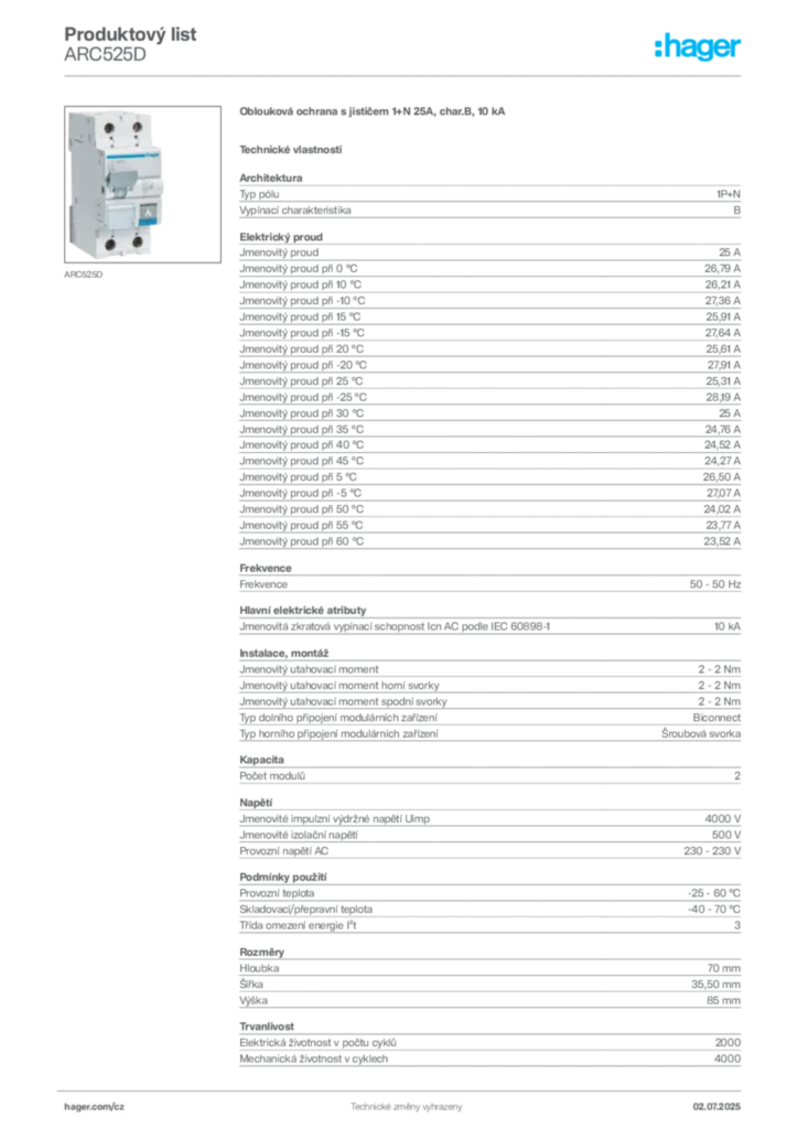 Obrázek Hager Produktový list ARC525D | Hager