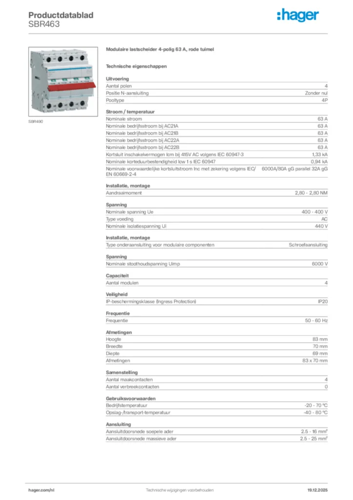 Afbeelding Hager Productdatablad SBR463 | Hager Nederland