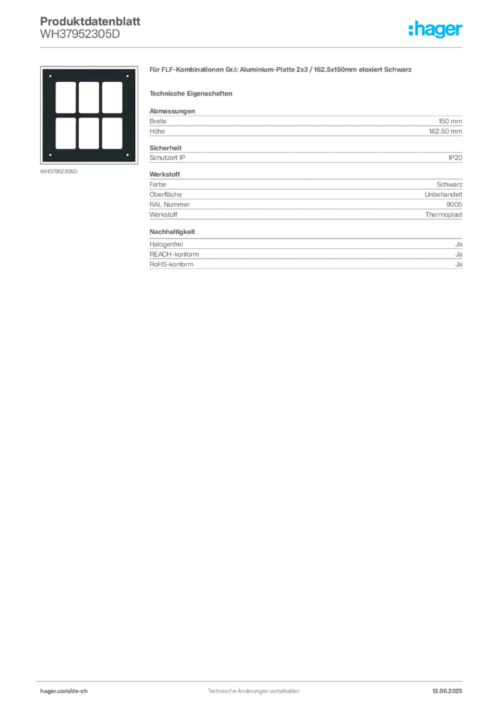 Bild Hager Produktdatenblatt WH37952305D | Hager Schweiz