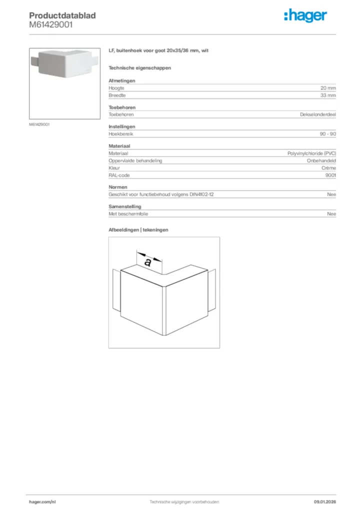 Afbeelding Hager Productdatablad M61429001 | Hager Nederland