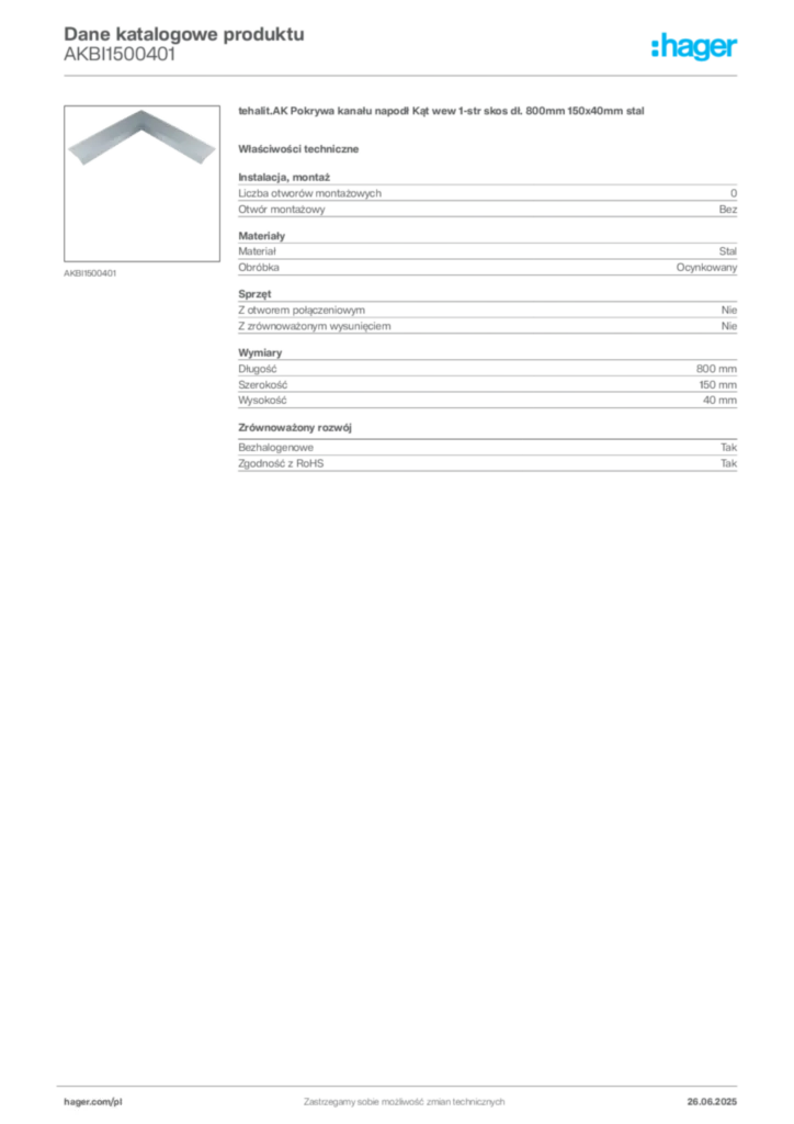 Zdjęcie Hager Karta katalogowa AKBI1500401 | Hager Polska