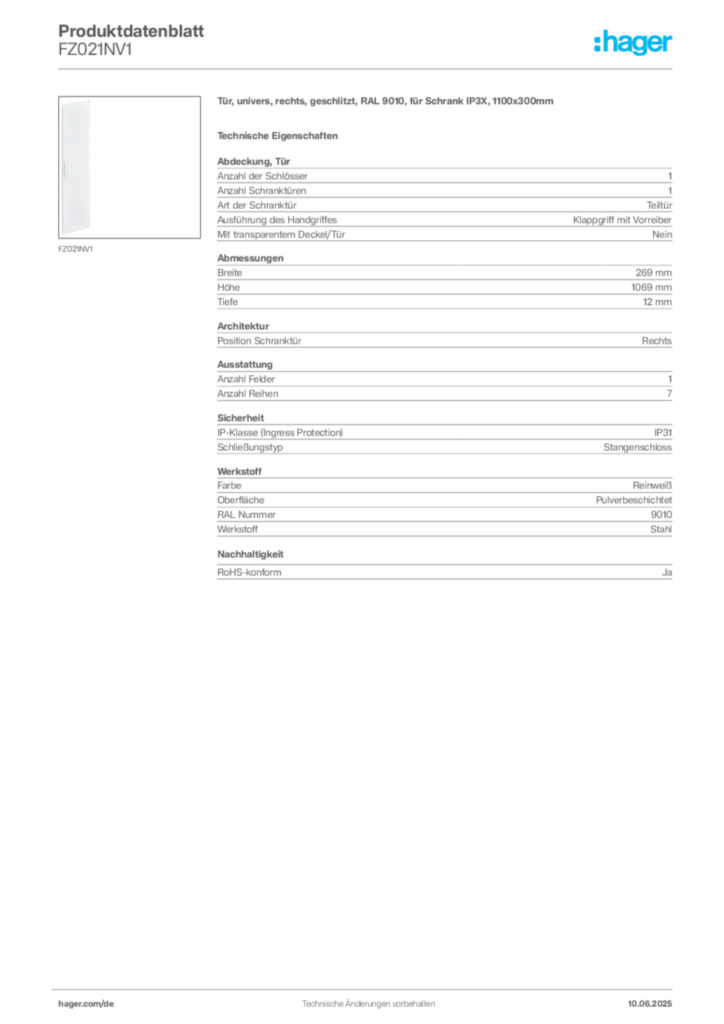 Hager Produktdatenblatt FZ021NV1