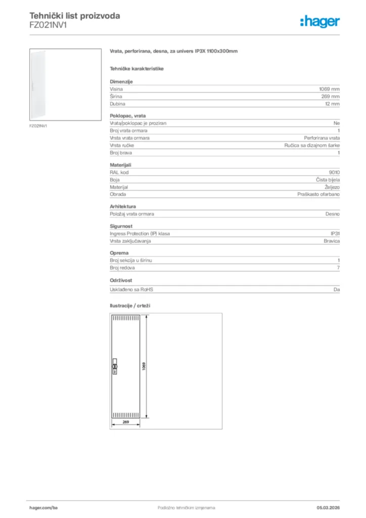 Slika Hager Tehnički list proizvoda FZ021NV1  | Hager