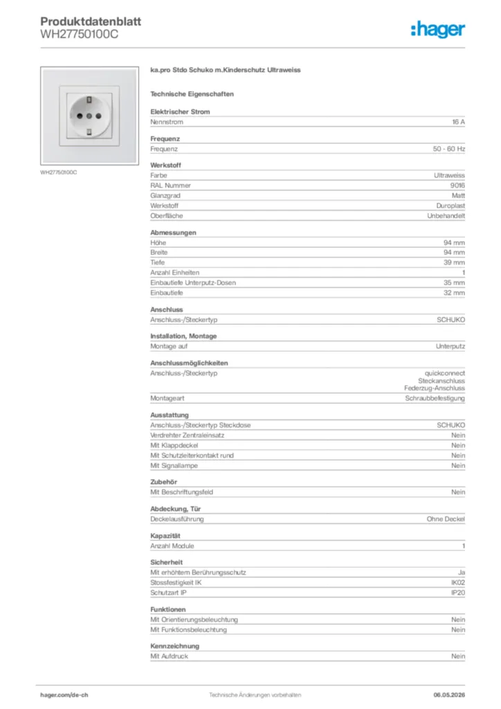 Bild Hager Produktdatenblatt WH27750100C | Hager Schweiz