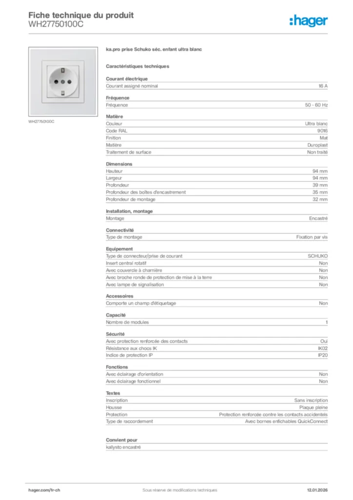 Image Hager Fiche technique du produit WH27750100C | Hager Suisse