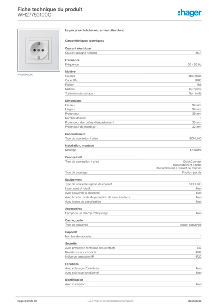 Image Hager Fiche technique du produit WH27750100C | Hager Suisse