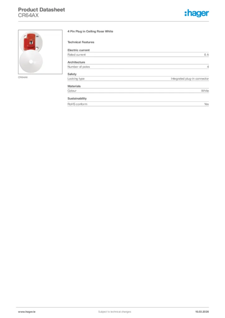 Image Hager Product data sheet CR64AX  | Hager