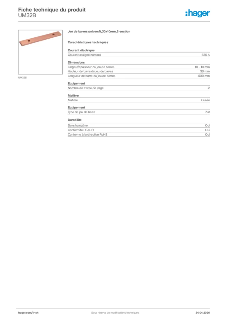 Image Hager Fiche technique du produit UM32B | Hager Suisse