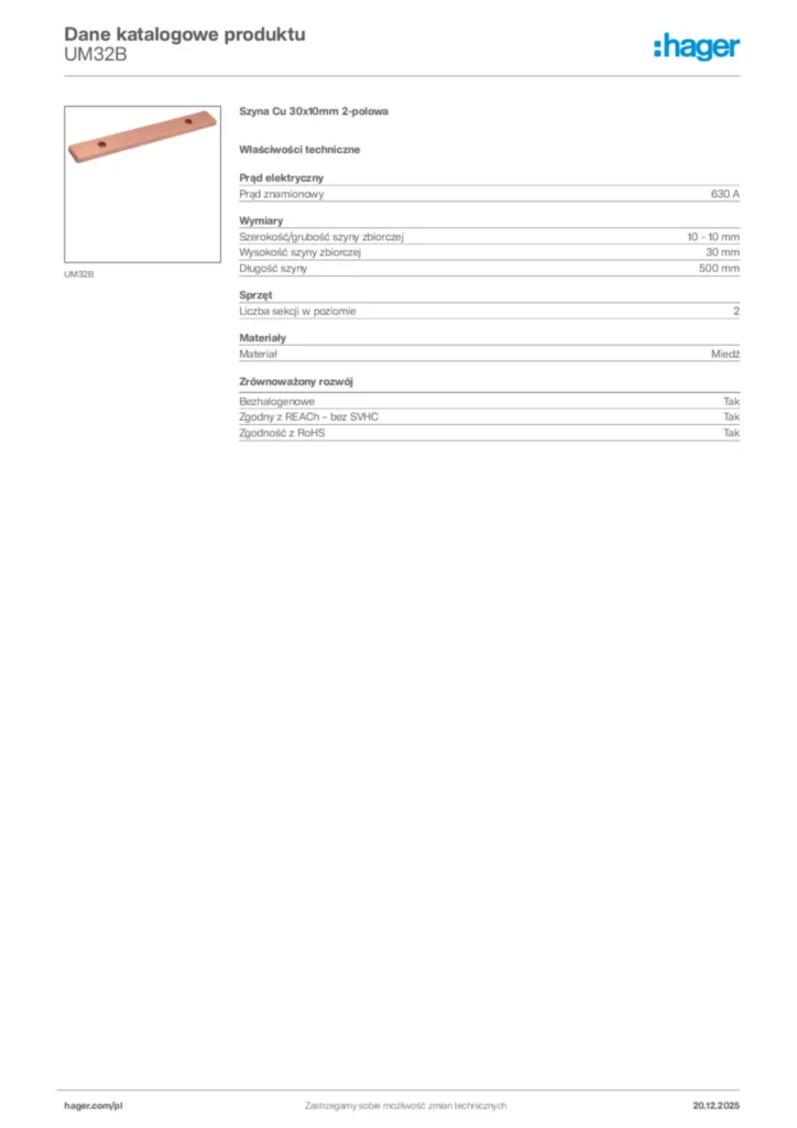 Zdjęcie Hager Karta katalogowa UM32B | Hager Polska