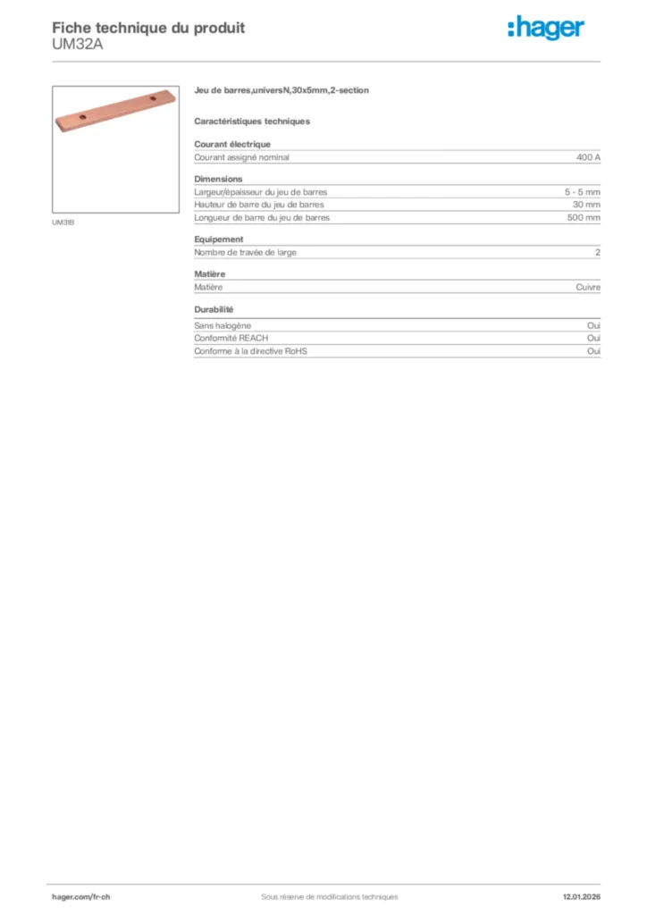 Image Hager Fiche technique du produit UM32A | Hager Suisse