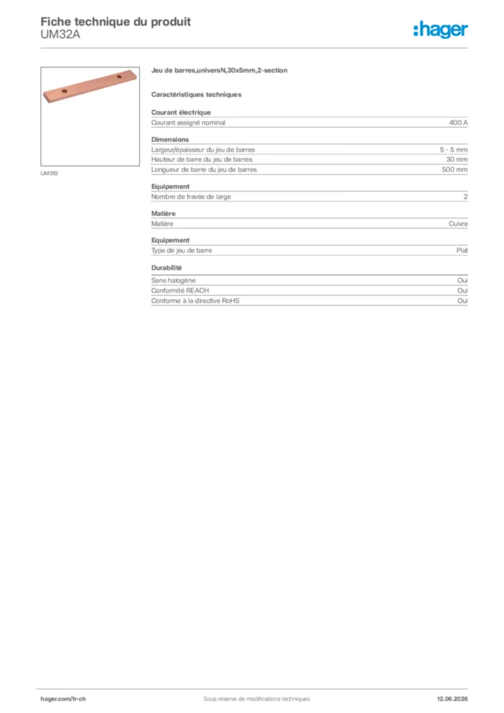 Image Hager Fiche technique du produit UM32A | Hager Suisse