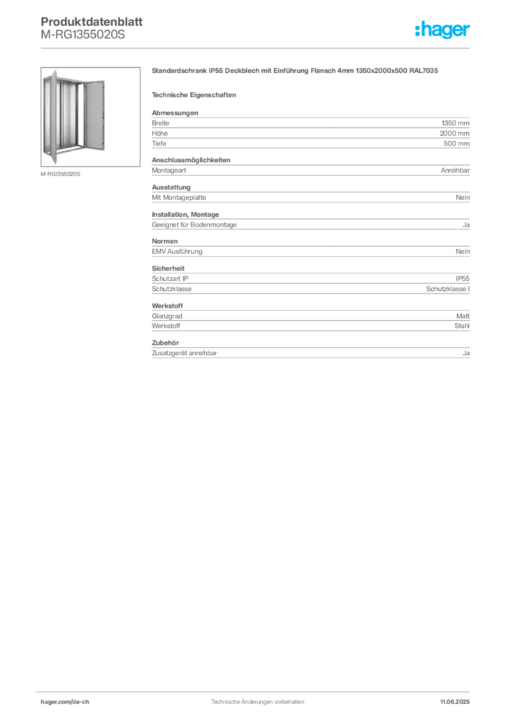 Bild Hager Produktdatenblatt M-RG1355020S | Hager Schweiz