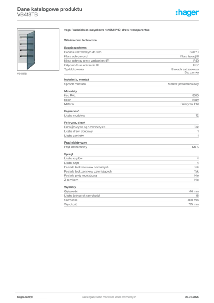 Zdjęcie Hager Karta katalogowa VB418TB | Hager Polska