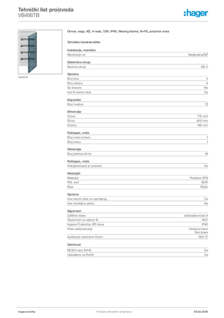 Slika Hager Tehnički list proizvoda VB418TB  | Hager