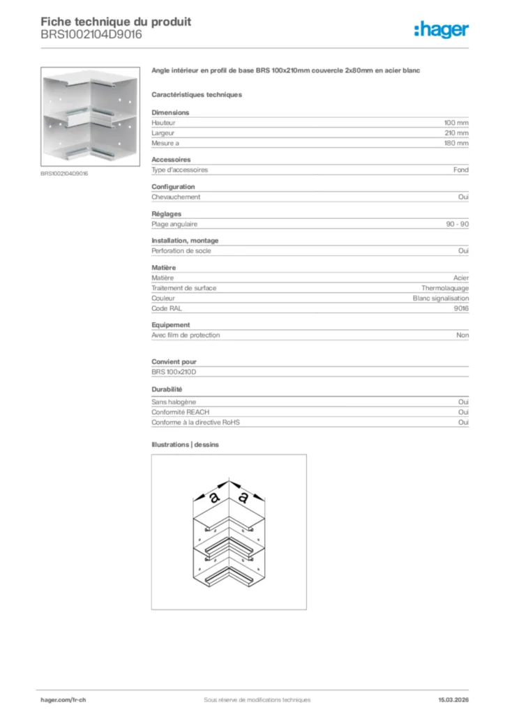 Image Hager Fiche technique du produit BRS1002104D9016 | Hager Suisse