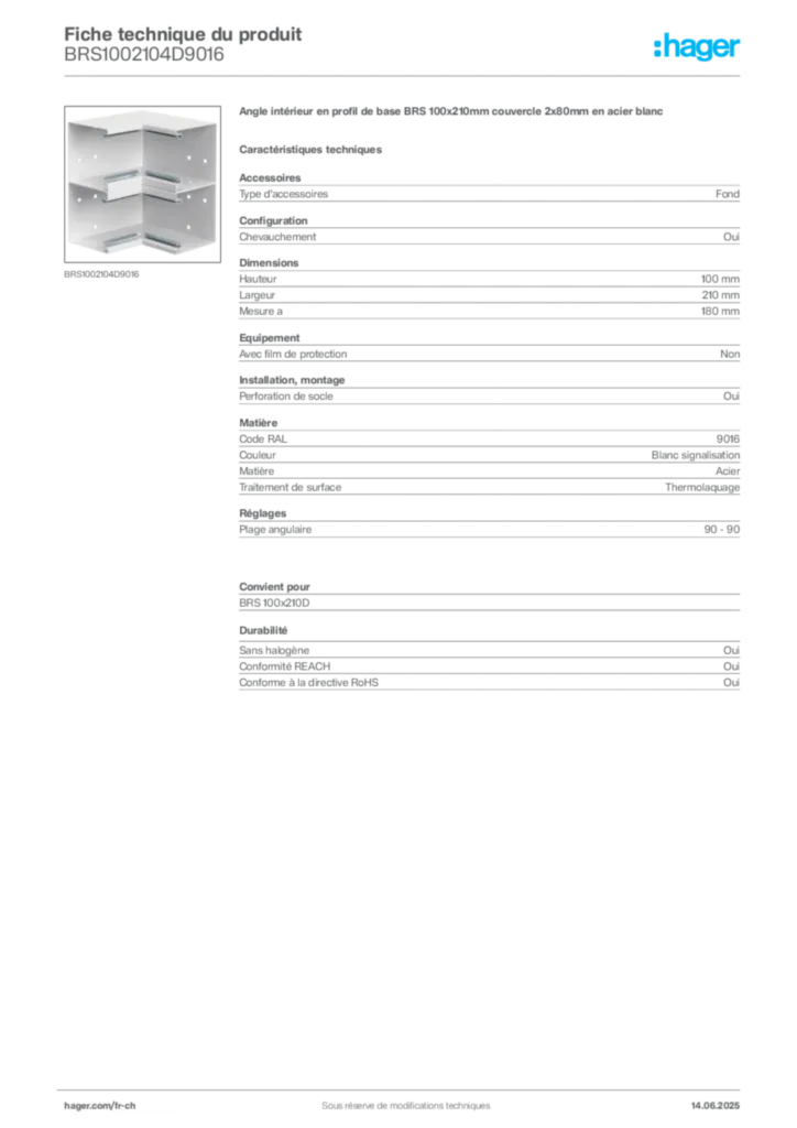 Image Hager Fiche technique du produit BRS1002104D9016 | Hager Suisse