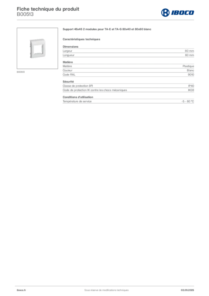 Image Iboco Fiche technique du produit B00513 | Hager France