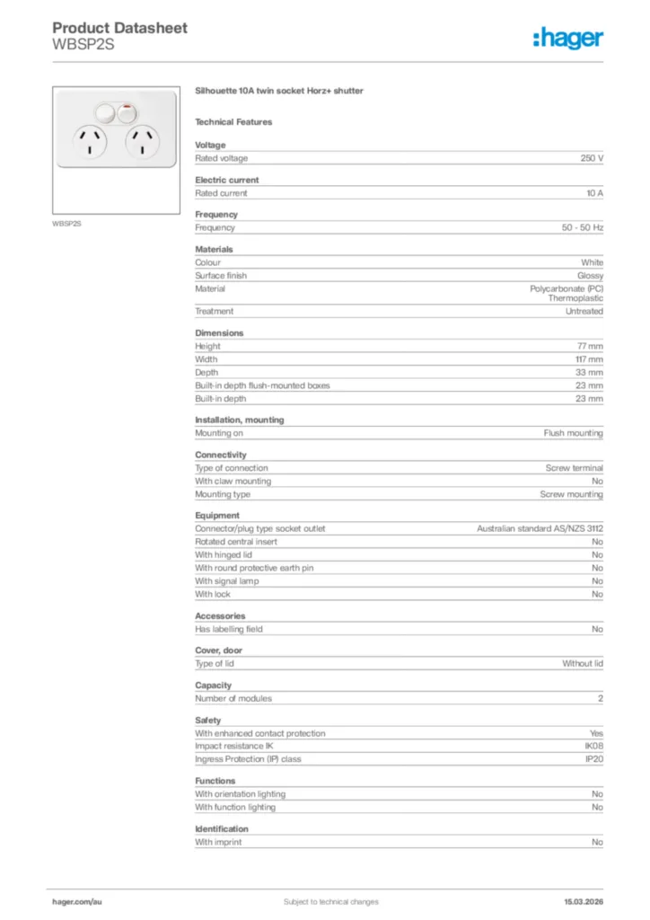 Image Hager Product data sheet WBSP2S  | Hager Australia