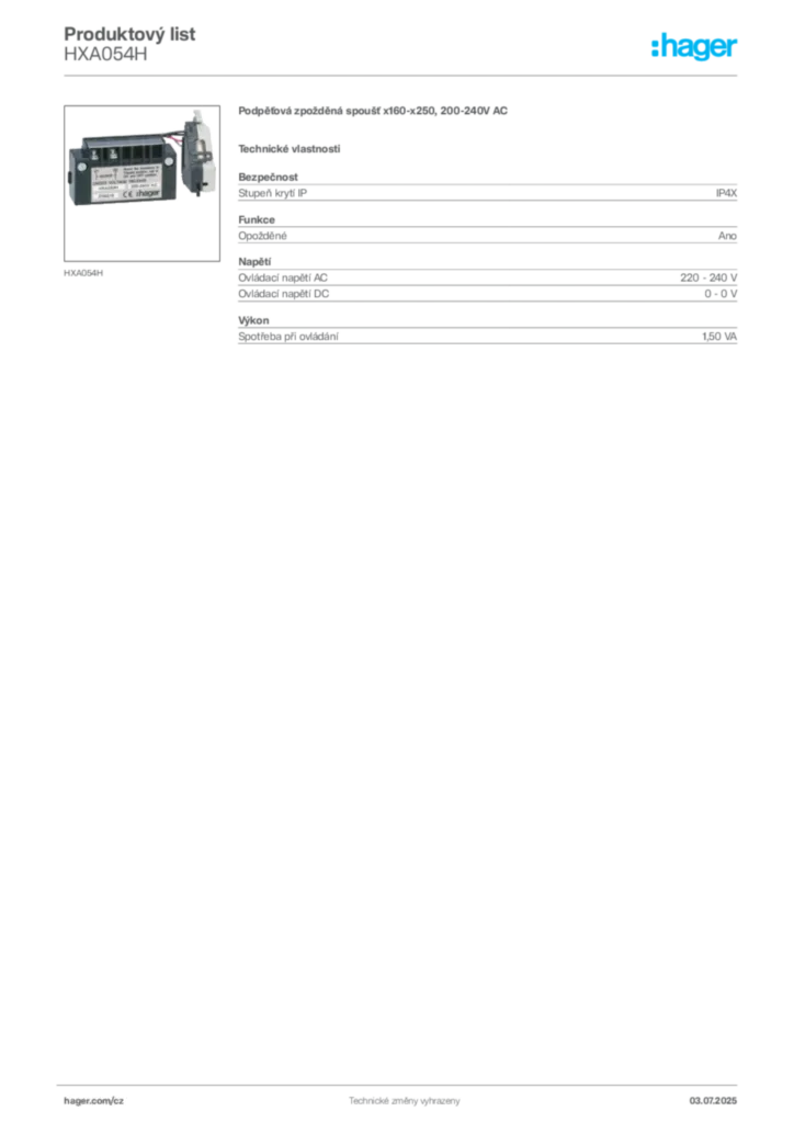 Obrázek Hager Produktový list HXA054H | Hager