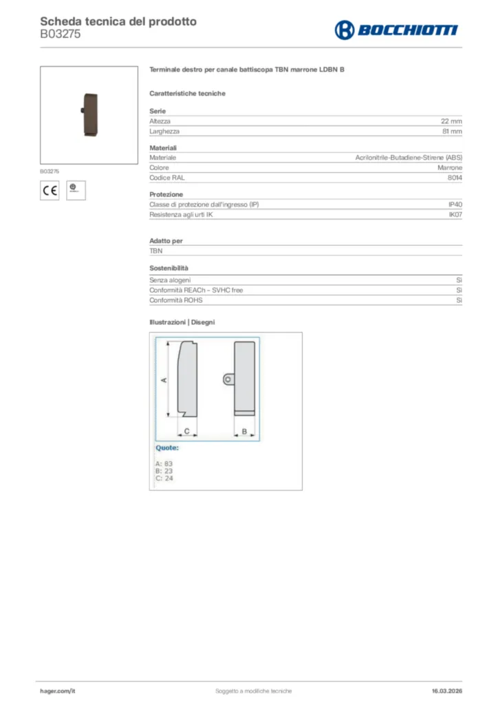 Immagine Bocchiotti Scheda tecnica del prodotto B03275 | Hager Italia
