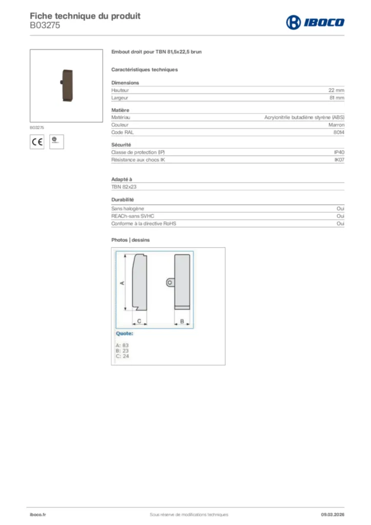 Image Iboco Fiche technique du produit B03275 | Hager France