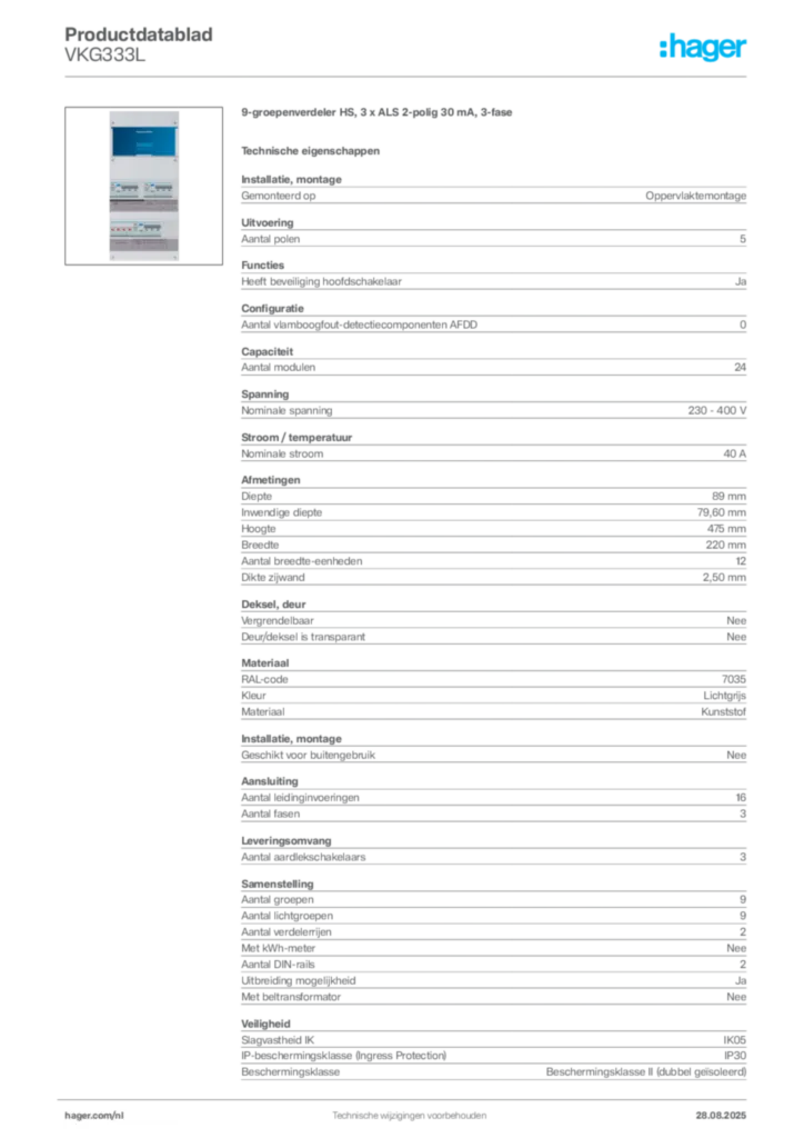 Afbeelding Hager Productdatablad VKG333L | Hager Nederland