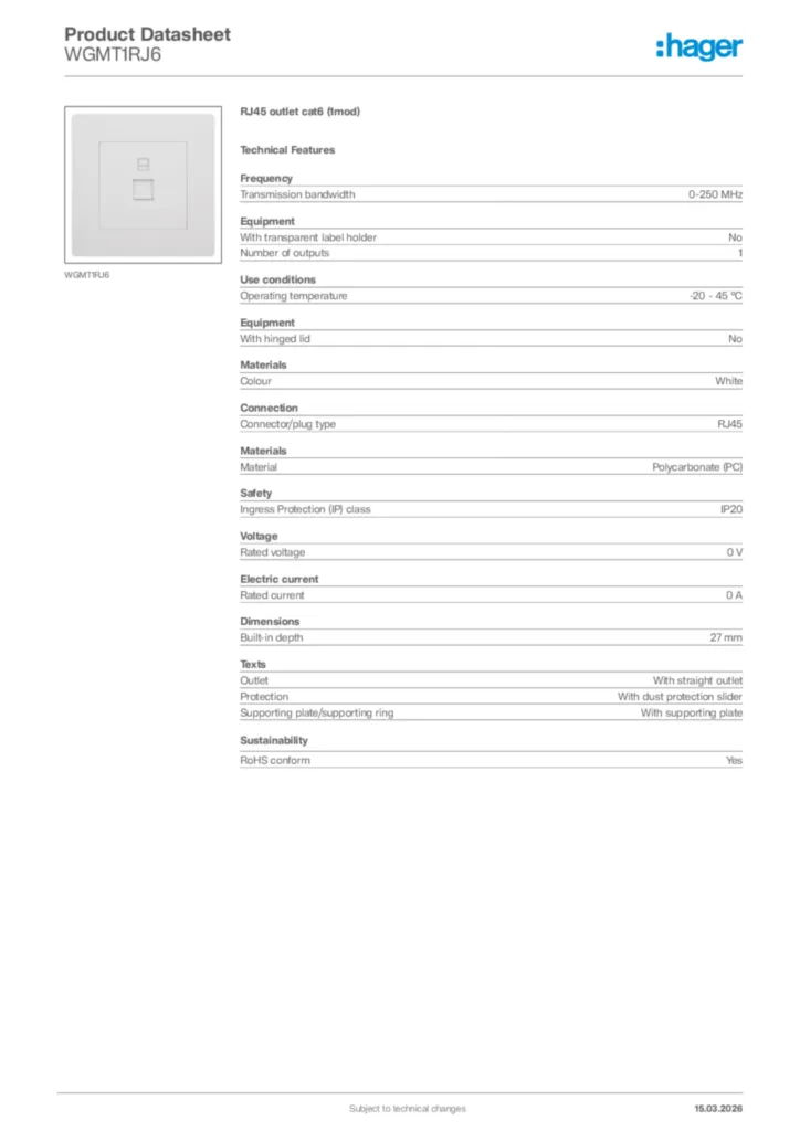 Image Hager Product data sheet WGMT1RJ6  | Hager