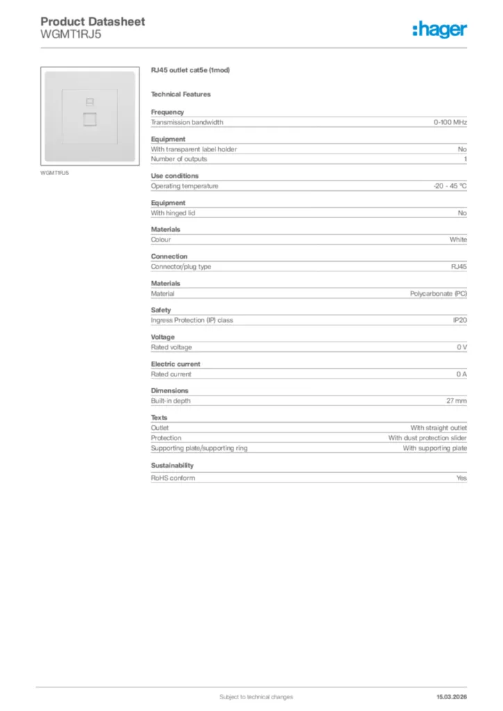 Image Hager Product data sheet WGMT1RJ5  | Hager